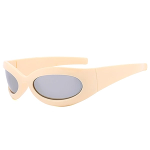 Retro Y2K oval sunglasses with cream white thick frame and grey lenses in flat lay view