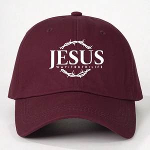 Detailed close-up of dark red cotton baseball cap with white Jesus Way Truth Life print