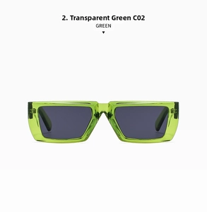 Detailansicht der stylischen transparenten grünen quadratischen Sonnenbrille mit Gläsern