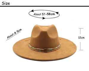 Size chart for wide-brimmed suede fedora with measurements for head circumference and brim