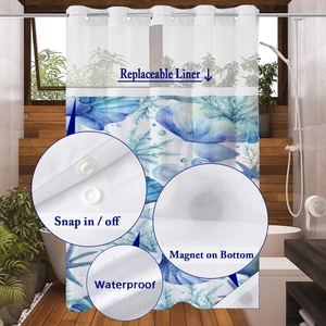 Detail of snap-on replaceable liner and magnet bottom on blue marine shower curtain