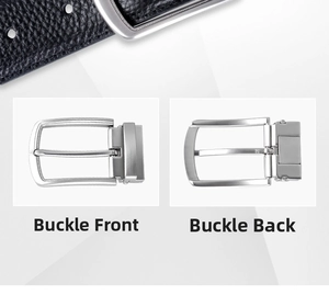 Detailed close-up of premium leather grain and matte silver alloy buckle for men's belt
