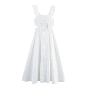 White textured maxi dress with flutter sleeves and back cutout design in a minimalist style