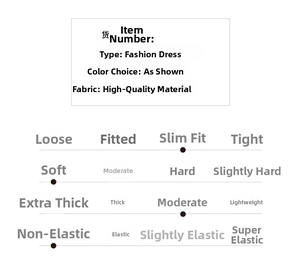 Detailed size and fabric specification chart for the slim fit long sleeve shirt dress