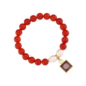 Red beaded bracelet featuring irregular pearls and a square red gemstone pendant charms