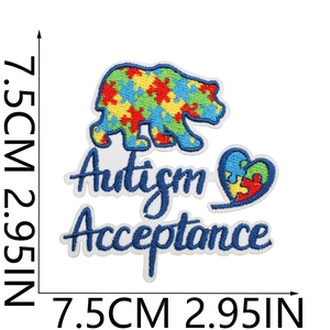 Detail view of Autism Acceptance bear patch with embroidery stitching and 7.5cm dimensions