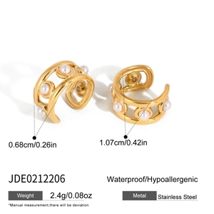 Detailed view of gold stainless steel double layer pearl ear cuffs with size measurements