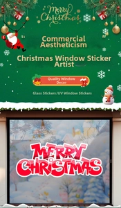 Detail of UV printed Merry Christmas glass sticker for festive shop window decoration