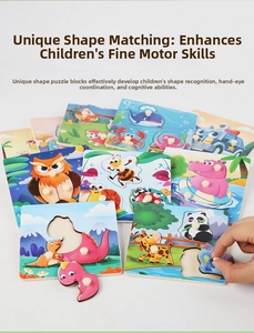 Close-up of wooden peg puzzles for toddlers featuring diverse animal and vehicle shapes