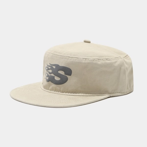 Beige flat top military cap with grey flame S logo in street style cotton twill