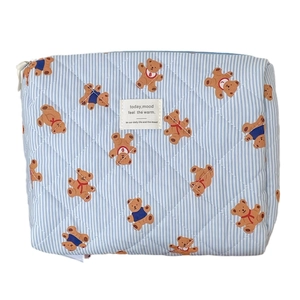 Quilted blue striped cosmetic bag featuring cartoon bear patterns and large capacity storage