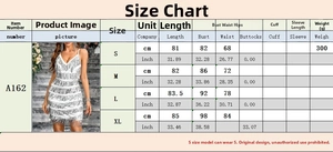 Size chart detail for a sequin tassel mini dress showing measurements from S to XL