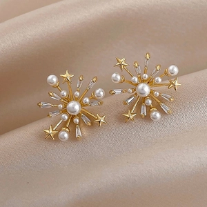 Starburst Firework Stud Earrings With Zircon Artificial Pearl And 925 Sterling Silver Earring Post For Women Elegant Jewelry