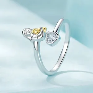 925 sterling silver open ring featuring mother and child embrace with a heart zircon