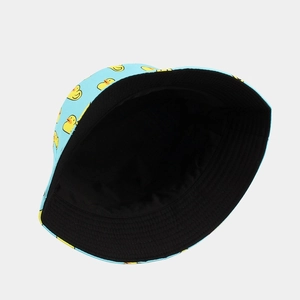 Light blue reversible bucket hat with yellow duck pattern for sun protection outdoors