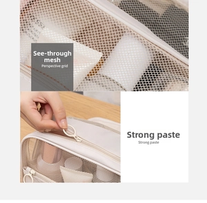 Detail of hanging toiletry bag with transparent mesh pockets and velcro closure