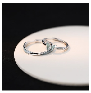 Close-up of luminous butterfly couple rings in silver with blue enamel detail