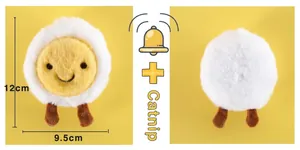 Detailed plush cat toy showing 12cm size with catnip and built-in bell feature