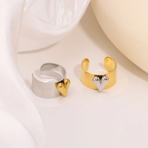 Two-tone heart-shaped stainless steel open rings in gold and silver finish