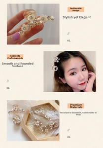 Detail of white flower hair claw clip set with elegant pearls and sparkling crystals