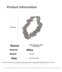 Cluster bead necklace detail showing 42.6cm length and adjustable 8.8cm extension chain