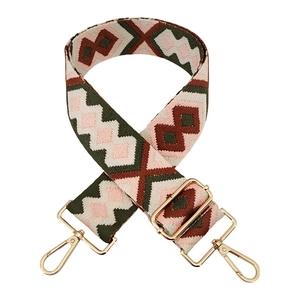 Detail of adjustable colorful bohemian diamond pattern wide canvas strap with gold hooks