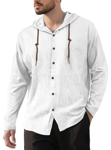 Detail view of men's white cotton linen hooded shirt with wood-tone buttons and drawstrings