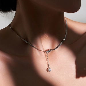 Snake Chain Necklace With Copper Leaf Zircon And Artificial Pearl Pendant Elegant Y-Shaped Jewelry For Women Fashion Accessory