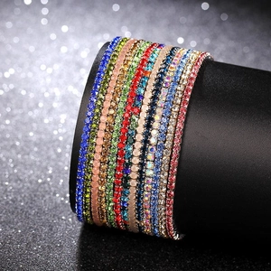 Detail shot of colorful single-row crystal bracelets with rhinestones in various colors