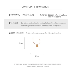 Detailed size chart for pearl necklace with cat eye pendant and product specifications