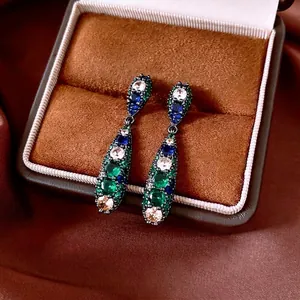 Vintage Water Drop Pendant Earrings With Multi Color Zircon Copper Gun Black Finish Silver Earring Post For Women