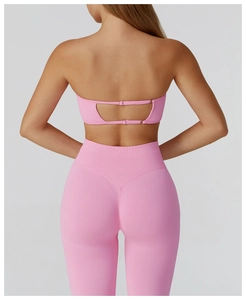 Rear view of pink seamless sports bra featuring a hollowed-out double buckle design