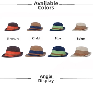 Detail view of woven straw fedora hats in brown, khaki, blue, and beige color options