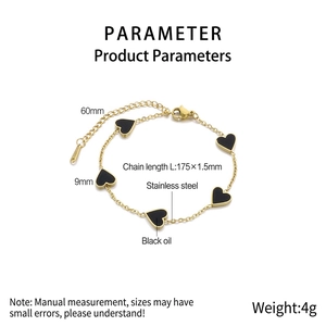 Detailed size specifications for gold heart bracelet with black enamel charms