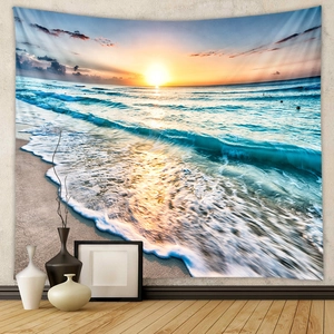 Détail d'une tapisserie murale lever de soleil sur la plage avec vagues de mer