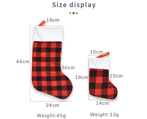 Detailed size specifications for large and small red and black plaid Christmas stockings