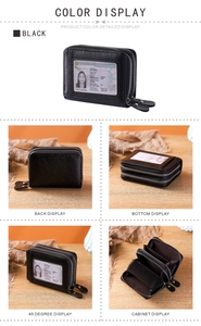 Close-up of black lychee leather RFID wallet with double zipper and ID window card slot