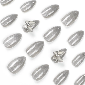 Faux ongles œil de chat argentés avec paillettes et nœuds 3D blancs élégants