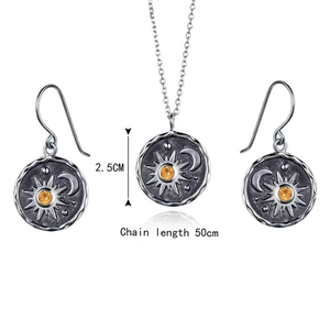 Vintage silver sun and moon jewelry set with yellow zircon pendant necklace and earrings