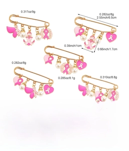 Size chart showing zinc alloy pink ribbon brooches with weights and measurements