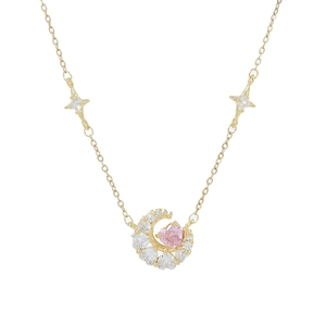 Gold plated crescent moon necklace with pink heart and zircon stars for women