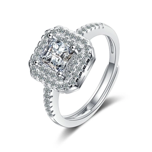 Elegant silver wide band ring featuring a square center cubic zirconia with double halo