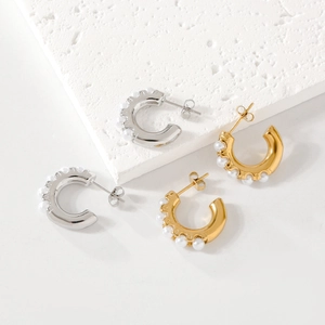 Geometric C-Shaped Stud Earrings Stainless Steel With White Imitation Artificial Pearls 18K Gold Plated Fashion Jewelry For Women