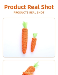 Close-up of carrot-shaped cat chew toys with durable orange and green woven texture