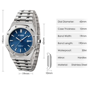 Detailed technical view of silver stainless steel watch with 43mm blue waffle dial specs