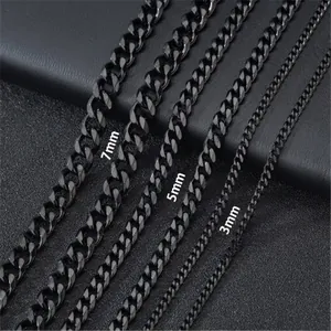 Classic black stainless steel Cuban curb chain necklace for men in 3mm 5mm and 7mm widths