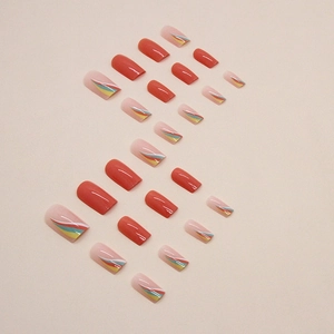 Long square orange rainbow striped press-on nails set with 24 pieces for women