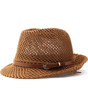 Hollow Out Woven Fedora Hat Breathable Sun Protection Summer Beach Travel Jazz Cap With Faux Leather Band For Unisex