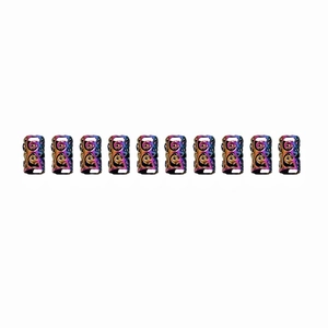 Rainbow plated hollow patterned metal hair beads for braids in a neat horizontal row