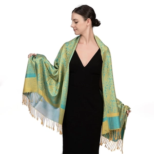 Luxurious teal and mustard paisley jacquard shawl with fringed edges for women